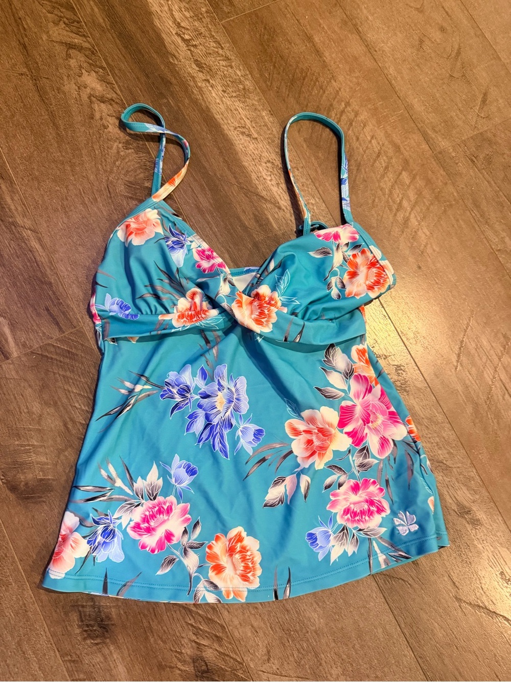 Hapari Teal Floral Camisole Tankini Top with Pink & Orange Blooms